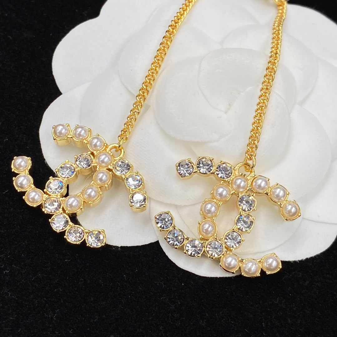 Pearl Diamond Panel Chain Earrings